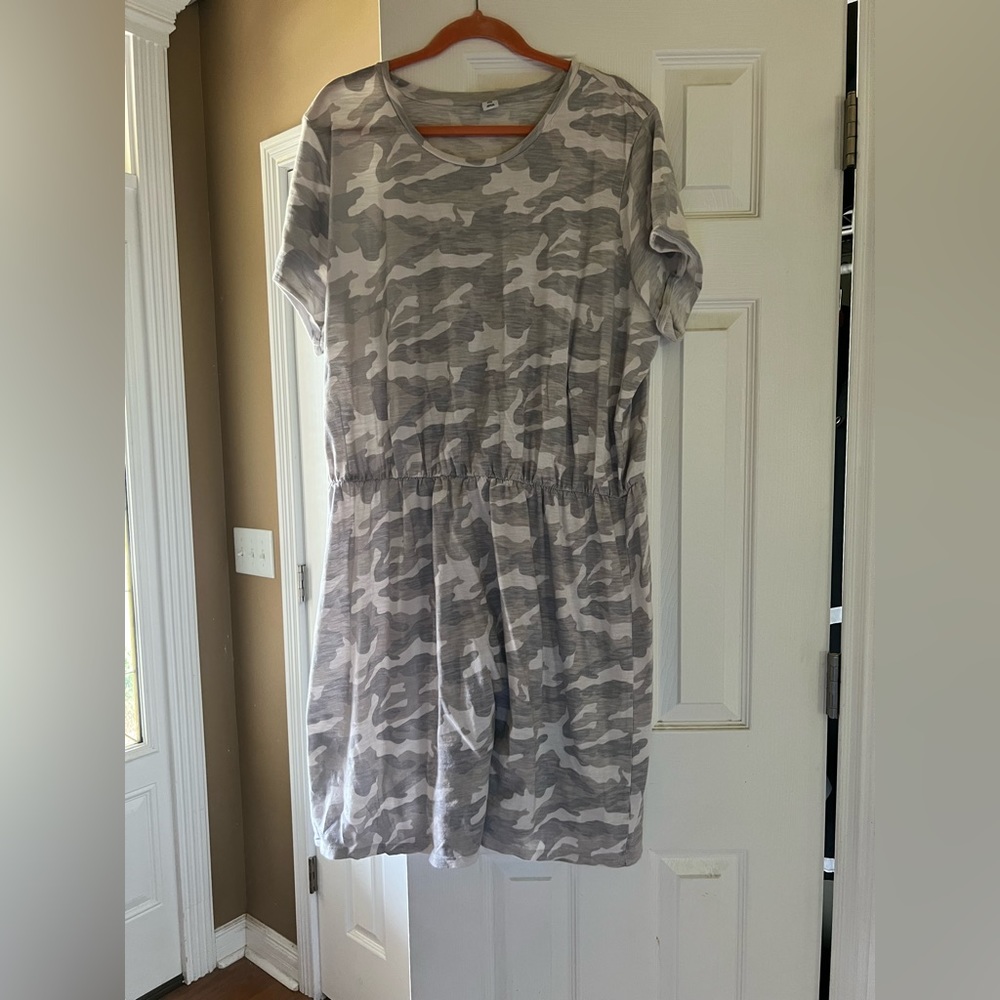 Muted gray tones, mini camo dress